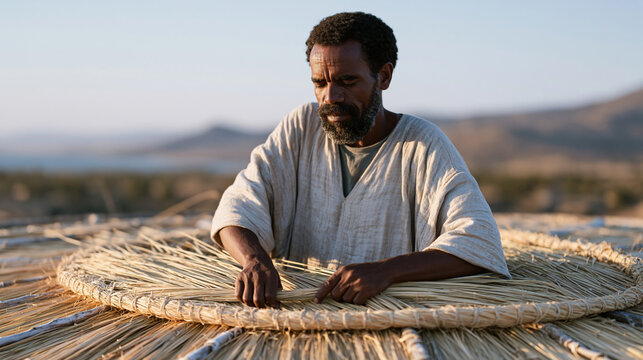 Ethiopian traditional thatching craftsman working on circular tukul rooftop binding fresh grass bundles to timber framework with practiced wrist technique as late dry-season sun