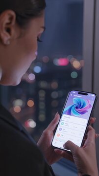 Female user interacts with smartphone displaying digital banking app interface, illuminated city skyline visible through window in the background