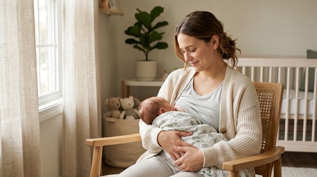 Mother lovingly breastfeeding her newborn baby in a cozy nursery room, wrapped in a soft blanket