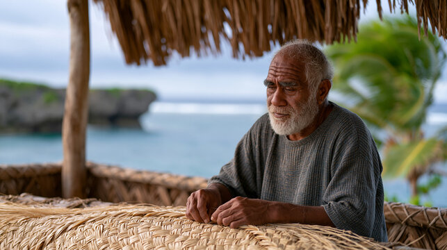 Pacific Islander woven pandanus mat maker seated in open-sided fale working fiber strands in complex plaited pattern as tropical afternoon storm clouds build on horizon and ocean