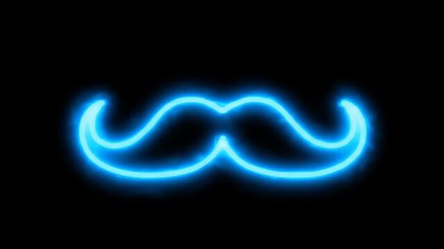 Neon blue mustache icon glowing on black background, motion graphic animation