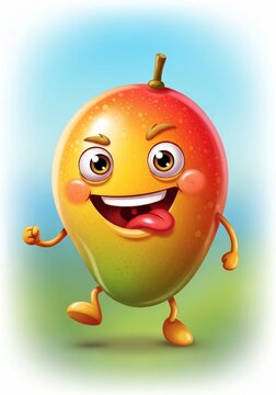 Whimsical Mango Character - Vibrant Digital Art, Sunny Sky & Green Grass, Playful & Energetic, Delicious Fruit Fun