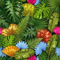Vibrant Tropical Bloom: Lush Jungle Leaves in Emerald, Gold, and Crimson - Digital Art © Vu