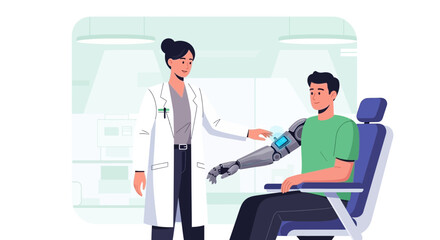 Fototapeta premium Doctor Explores Futuristic Robotic Arm Prosthetic on Patient in Medical Lab
