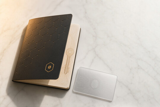 Blockchain passport and frosted glass digital credential on marble surface with embossed hexagonal cover and engraved cryptographic key motif symbolizing self sovereign identity and data privacy