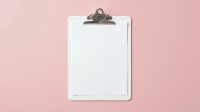 minimalist flat lay white clipboard blank paper mockup soft pink background for productivity goals new beginnings