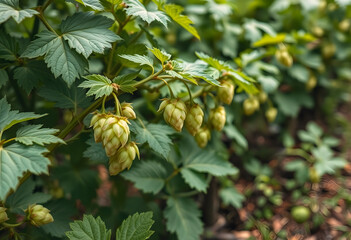 Obraz premium Close-up of hops cones growing on vine in nature