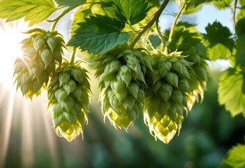 Obraz premium Green hops cones growing on vine in sunlight
