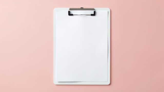 minimalist flat lay white clipboard blank paper mockup soft pink background for productivity goals new beginnings