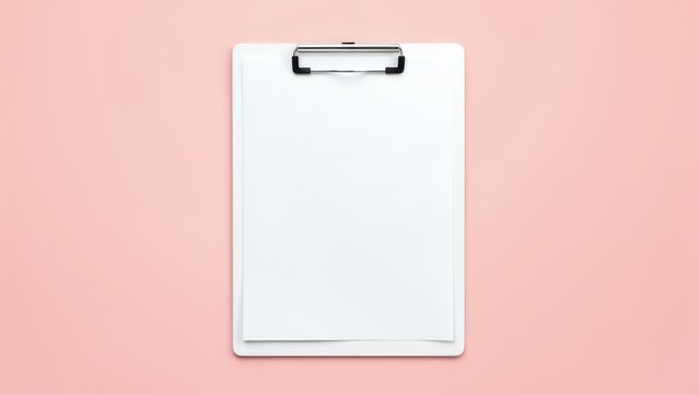 minimalist flat lay white clipboard blank paper mockup soft pink background for productivity goals new beginnings