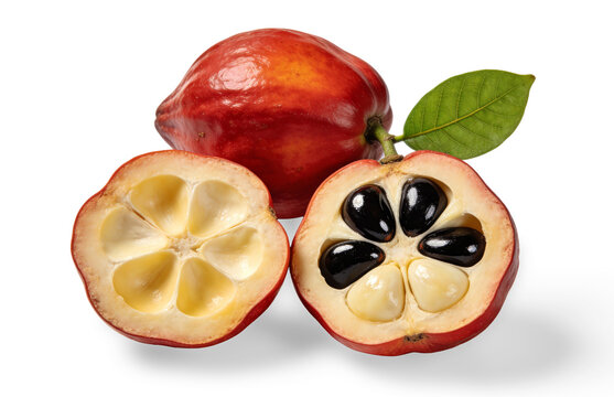 Fresh Ackee Fruit Cut Open Showing Seeds and Flesh Isolated on White Background.