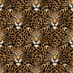 Golden Leopard Eyes: Vivid, Textured Digital Art Pattern of Feline Faces in Amber and Black © Vu