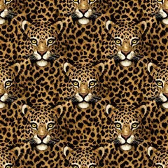 Golden Leopard Eyes: Vivid, Textured Digital Art Pattern of Feline Faces in Amber and Black © Vu