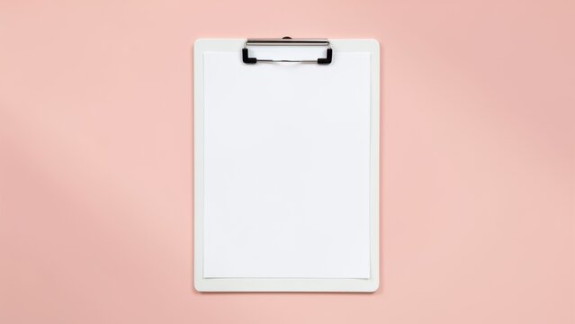minimalist flat lay white clipboard blank paper mockup soft pink background for productivity goals new beginnings