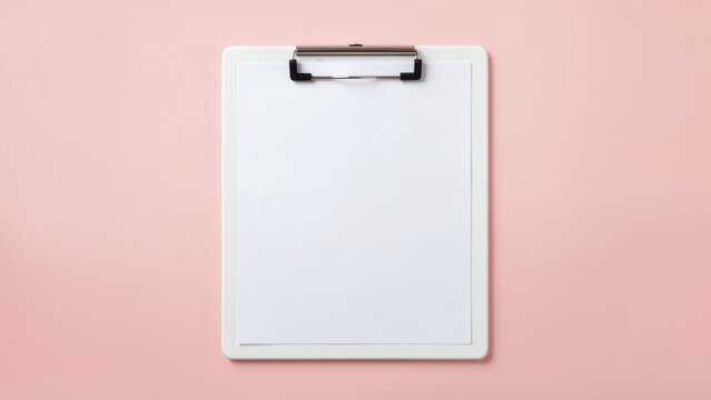 minimalist flat lay white clipboard blank paper mockup soft pink background for productivity goals new beginnings