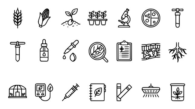 Agricultural science icons with research tools and plant growth elements