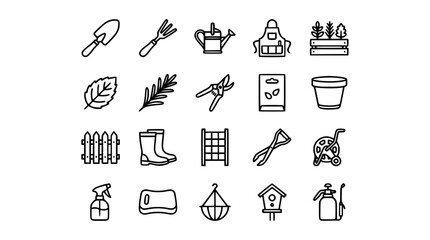 Fototapeta premium Garden Tools and Supplies Vector Icons Collection on White Background Simple Style