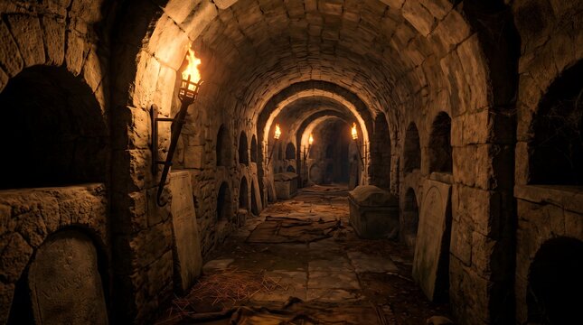 old Catacombs, Mystical, Environment with medieval catacombs with covered floors, with torches inside the cave