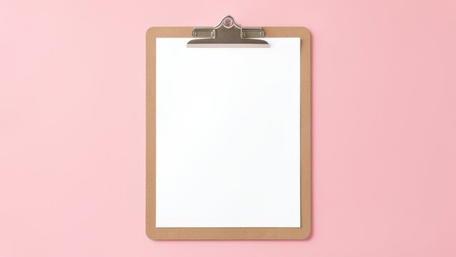 blank white paper on clipboard mockup pastel pink background for productivity planning and fresh start concept studio shot