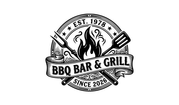 Retro Smokehouse BBQ Restaurant Emblem 2026 Black and White Vector Logo