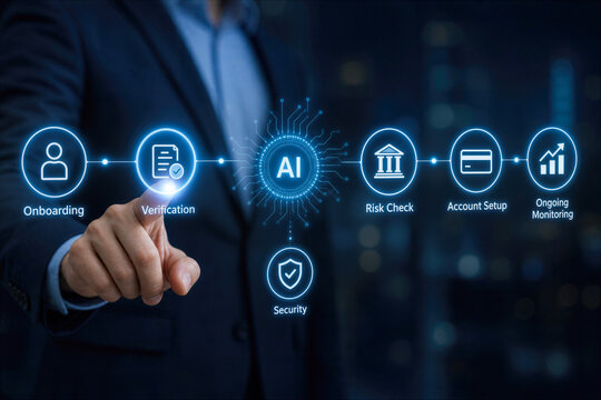Businessman interacting with AI workflow for fintech customer journey including onboarding verification security risk check account setup and ongoing monitoring for compliance and KYC