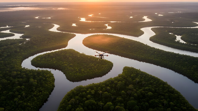 Drone flies over winding Amazon river and lush rainforest at sunset