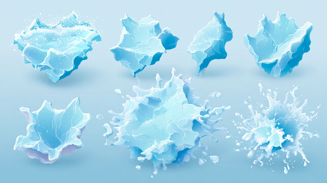 Collection of cartoon ice and frost 3d elements isolated on a light blue background. Frozen textures, icy splashes, and winter decorative assets 