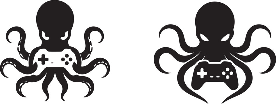 Cute octopus silhouette icon set isolated on white background for marine life, ocean wildlife, logo and aquatic vector illustration