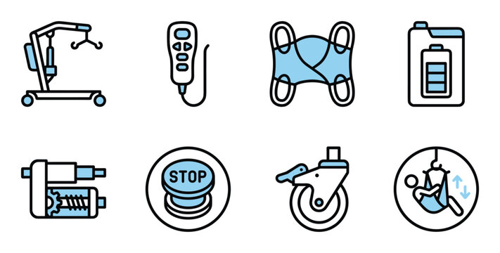 Minimalist medical icon set with blue and black outlines, depicting patient lift equipment for safe transfer, clinical care