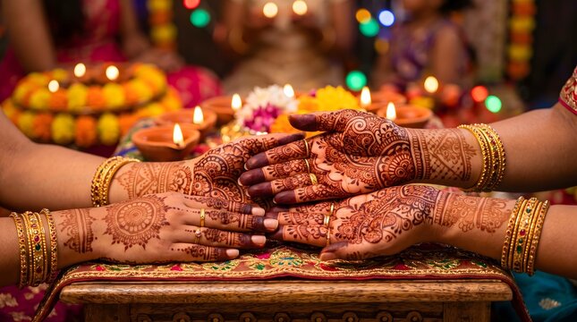 Mehndi, Diwali, Beautiful image of hands decorated with henna mehndi in common tradition during Diwali Festival