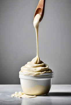 Close-up of creamy mayonnaise dripping from wooden spoon