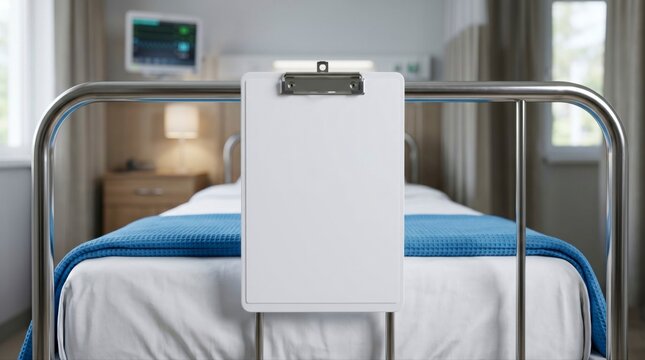 Blank Medical Chart Clipboard on Hospital Bed Rail grocery bag