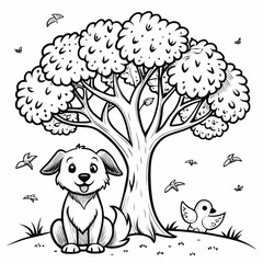 Fototapeta premium Cute puppy sitting under a large tree with birds flying around