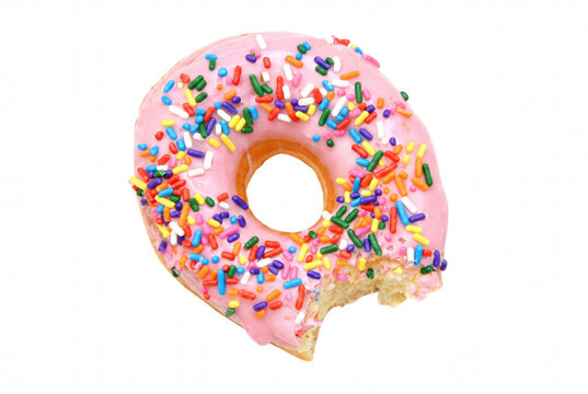 Pink Frosted Donut with Rainbow Sprinkles and a Bite Taken Out