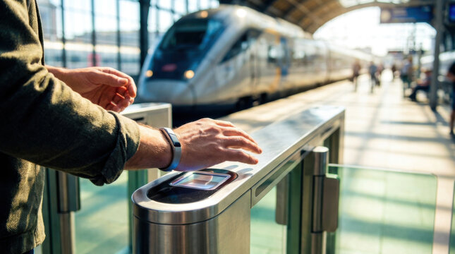 Contactless payment transit station hand rail train platform electronic ticket reader commuting modern travel smart card access
