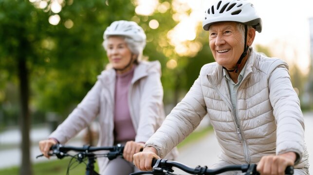 Senior women cycling together on bicycles in a park, wearing helmets and light jackets, surrounded by green trees and a paved pathway during daylight