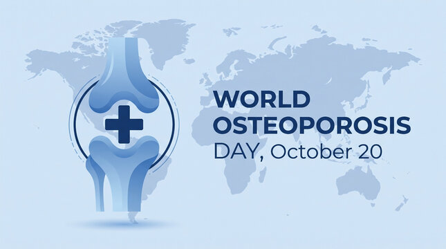 Vector illustration for World Osteoporosis Day on October 20. A blue knee joint icon with a medical cross inside a circle is placed over a light blue world map background