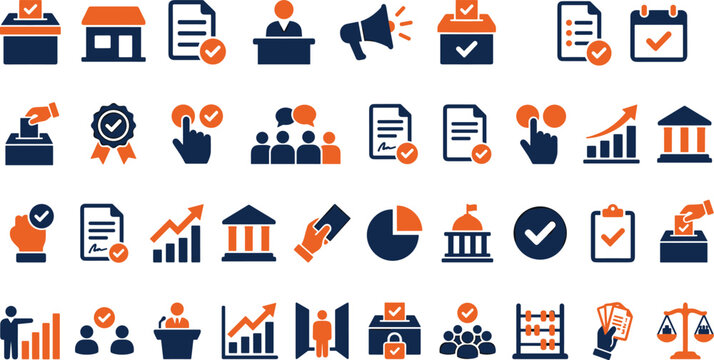 Voting and Election Flat Vector Icon Collection Featuring Ballot Box, Polling Booth, Campaign, Democracy, Government and Civic Participation Symbols