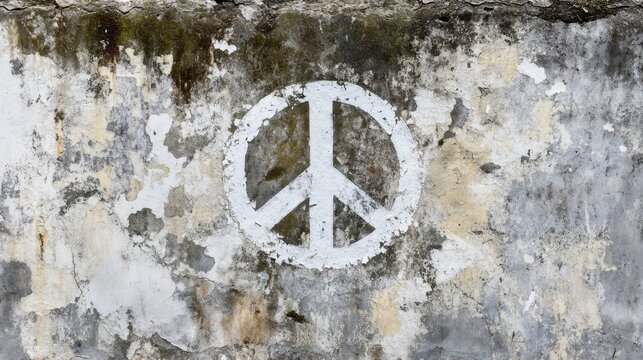 White peace symbol painted on weathered textured wall