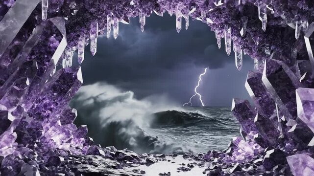 Interior view of large purple amethyst geode cave opening with sharp crystalline formations facing a rough sea with breaking waves under a dark stormy sky.