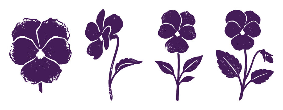 Purple viola silhouette design collection in hand-drawn style, dark violet color for spring greetings, garden branding