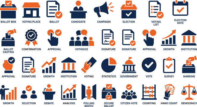 Voting and Elections Flat Vector Icon Collection Featuring Ballot Box, Polling Booth, Democracy, Campaign, Government and Election Process Symbols