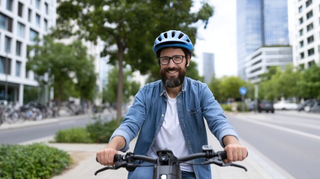 Man wearing blue helmet rides bicycle on urban street surrounded by modern buildings and greenery, showcasing a vibrant city environment and active lifestyle