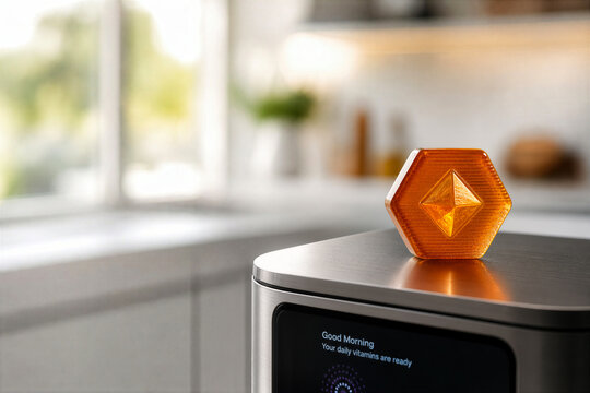 3D printed vitamin gummy on smart home appliance in modern kitchen precision nutrition personalized health nutrigenomics bio-tracking wellness tech