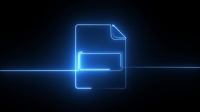 Glowing blue neon document file icon on a dark background
