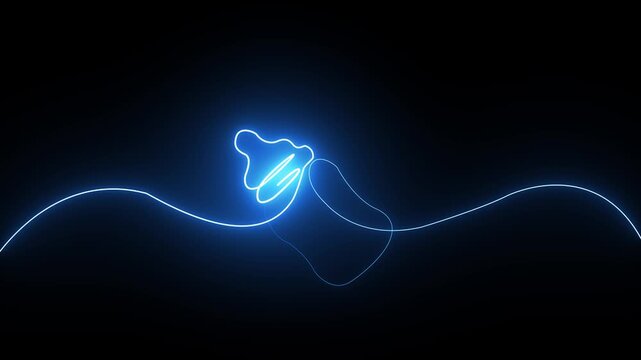 Continuous single line drawing of a baby bottle glowing with blue neon light on black background