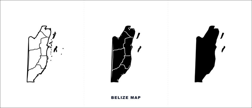 Set of belize map icons, including outlined, silhouette, and solid shapes