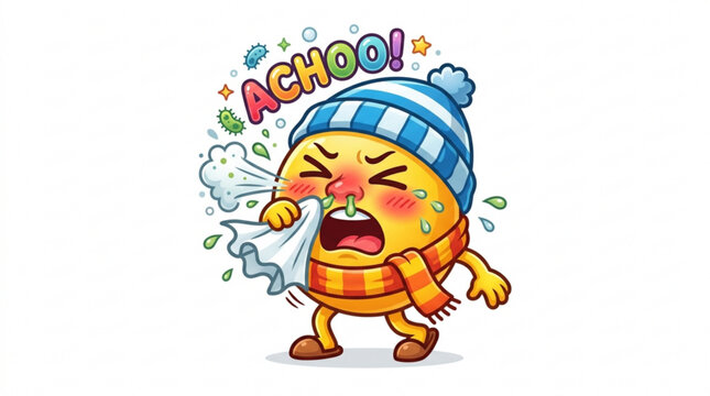 Cute cartoon character sneezing with tissue cold and flu concept isolated on white background