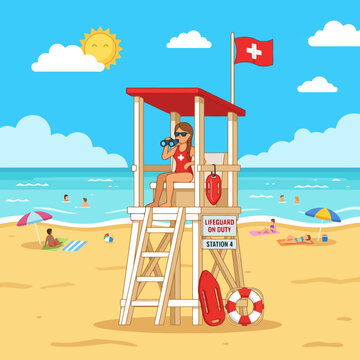 A lifeguard watches the ocean from a wooden tower on beach