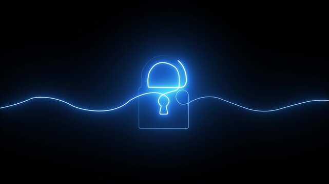 Glowing blue neon padlock symbol formed by a single continuous line on a dark black background